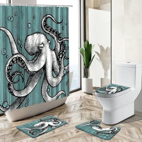 Cartoon Octopus Shower Curtain Ocean Animal Child Bathroom Set Waves Pattern Design Non-Slip Carpet Toilet Cover Bath Floor Mat