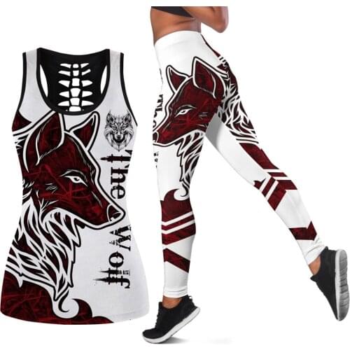 New womens tight yoga pants Wolf Tattoo Art 3D printing Leggings and Hollow out Tank Top Fashion casual Leggings