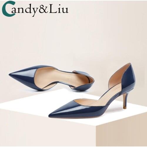Temperament Dark Blue High Heels Womens New Leather Hollow Pointed Heel Womens Shoes 6cm Patent Leather Shoes Women