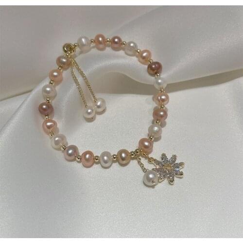 Flower shape multicolor natural freshwater pearls bracelet cubic zircon korean fashion bracelets for women 2021 jewelry YBR324