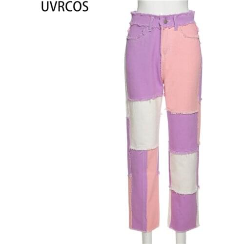 UVRCOS Womens Tracksuit Spring Cowboy Striped Patchwork Streetwear Casual High Waist Loose Srraight Jeans 2021New Two Piece Set