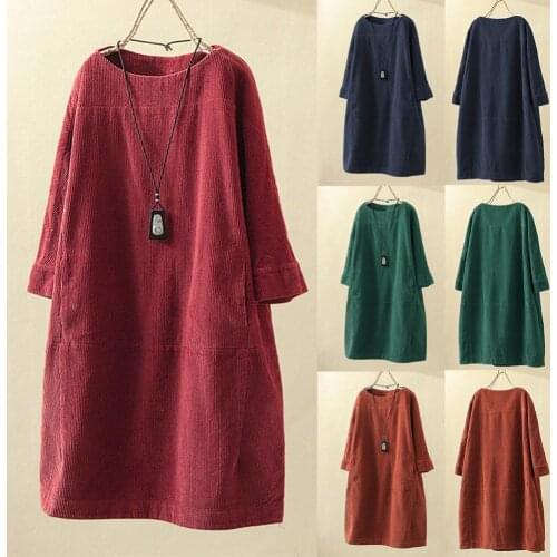 2020 Womens clothing Plus Size 5XL Spring Autumn Solid Color Long Sleeve O Neck Corduroy Pockets Loose Midi Dress Party Dresses