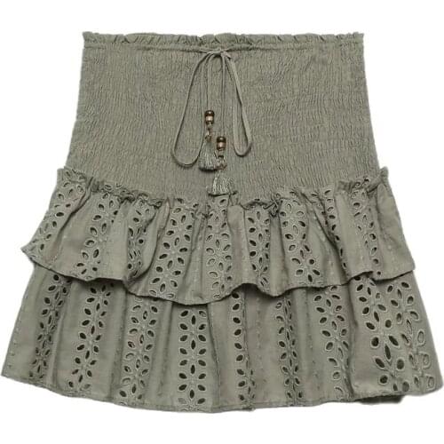 Fashion Women cutwork embroidery skirt Vintage Sexy adjustable drawstring waistband smocked elastic Female high-waist skirts