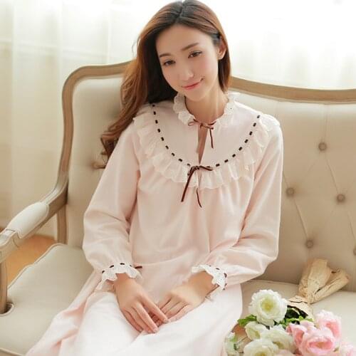 Free Shipping 100% Cotton 2016 New Autumn and Winter Womens Long Nightgown Pink and Beige Pijamas Princess Sweet Nihgtshirt