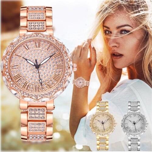 Fashion Watch Clock Stainless Steel Casual Dress Wrist Crystal Women Watches Luxury Watches for Women Rose Quartz Bangle