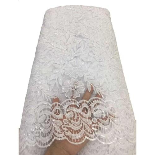 Pure white african embroidery tulle lace fabric 2020 high quality french net lace with sequins for wedding 5yards