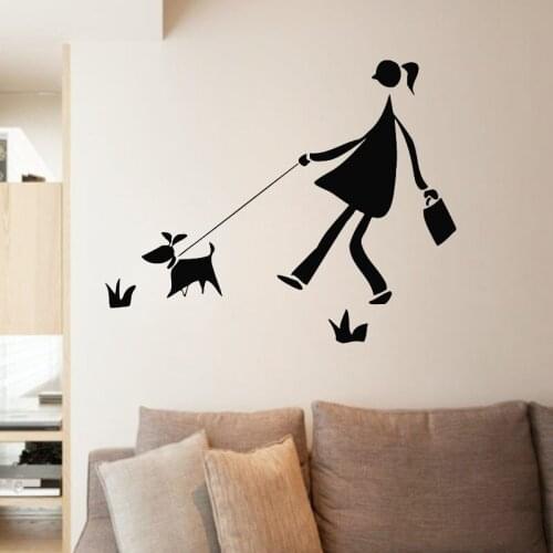Girl Walking With Puppy Pets Wall Sticker Pet Shop Interior Vinyl Art Murals Kids Children Room Decoration Nursery Wall Decals