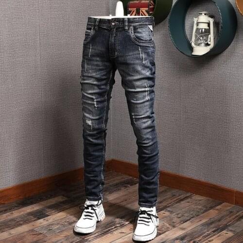 European Vintage Fashion Men Jeans Retro Black Blue Slim Ripped Jeans Men Distressed Scratch Designer Casual Cotton Denim Pants