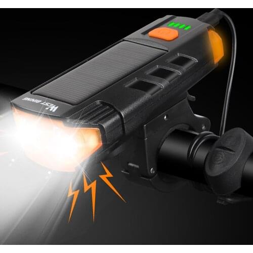 WEST BIKING Solar Power Bicycle Light USB Rechargeable LED Cycling Headlight Waterproof Bike Horn Warning Lamp