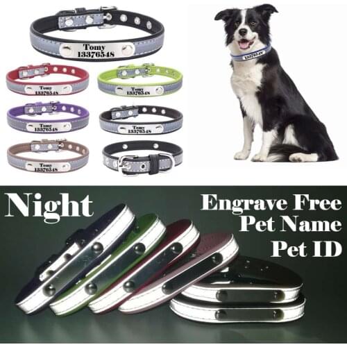 Personalized Dog Collar Leather Reflective Cat Collar Custom Engraved ID Tag Free Engraved For Puppy Large Dogs Pet accessories