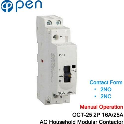 OCT-25 Series 2P 16A/25A Manual Operation AC Household Modular Contactor 220V/230V 50/60Hz Contact 2NO/2NC Din Rail Contactor