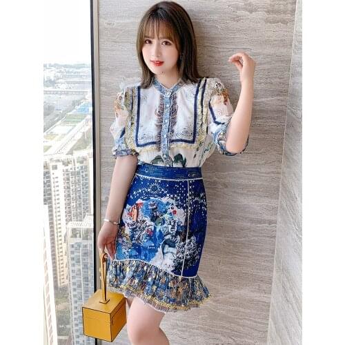 Beaded Print Shirt+Half skirt suit with buttocks ruffles 2021 Spring new