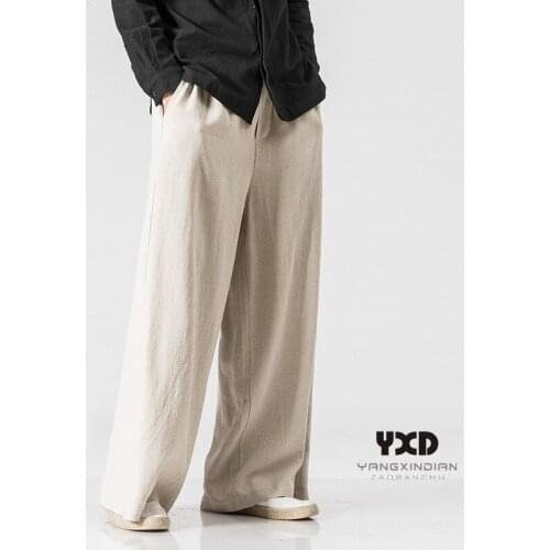 Men clothing man vintage loose cotton linen wide leg pants Chinese style casual trousers mens pants flared skirt pants Harajuku