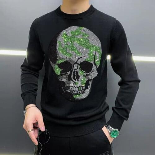 Hot Rhinestone Color Matching Skull Mens Sweater Autumn Winter Pullover Soft And Comfortable Hip Hop Plus Size M-5XL Sweatshirt