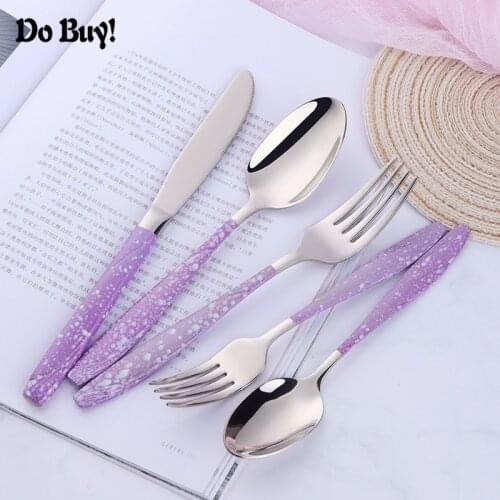 5 Pcs/Set Dinnerware Set Stainless Steel Reusable Utensils Cutlery Purple Silver Spoon Fork Knife Home Tableware Wholesale
