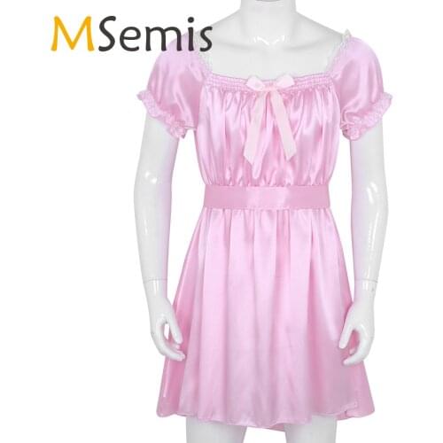 Mens Sissy Lingerie Sissy Dress for Men Shiny Soft Satin High Low Crossdress Lingerie Dress with Sash Nightwear Gay Underwear