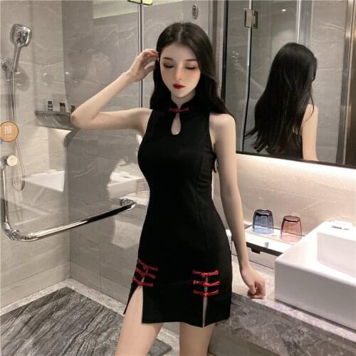 ZC2916 2021 new summer women fashion temperament retro cheongsam sexy slit slim sleeveless dress cheap wholesale