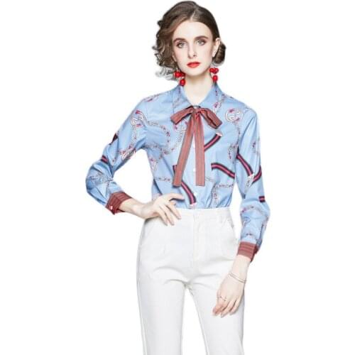 2021 Autumn Chic Women Long Sleeve Print Shirt Colorful Blouse With Bow Decoration