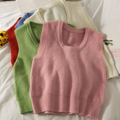 Autumn Women O-Neck Short Sweater Vest Sleeveless Solid Casual Knitted Pullover Tops Ladies Korean Sueter Vests Female