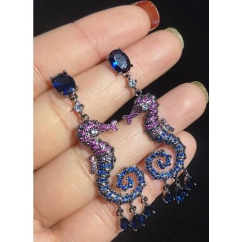 S925 Silver Ear Post Charm Big Seahorse Earrings Blue Purple Zircon CZ Dangle Earrings Jewelry for Women Wedding