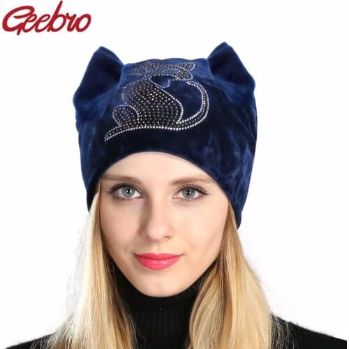 Geebro Womens Winter Velvet Beanie Hat Fashion Ladies Rhinestones Fox Pattern Caps For Female Soft Warm Beanies Skullies Hats