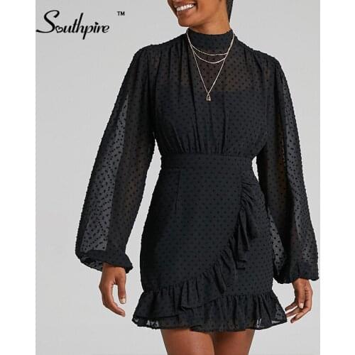 Southpire Womens Long Sleeve Black Ruffle Mini Party Dress Elegant High Street Wear Casual Dress Autumn Winter Ladies Clothes