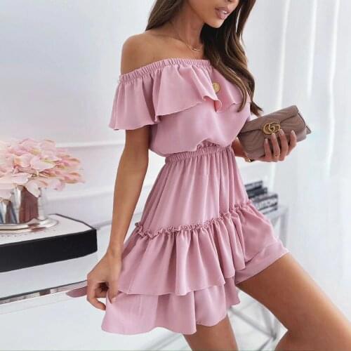 WYWMY Fashion Pink Slash Neck Mini Dress Women 2021 Summer Sexy Off-shoulder Ruffle Stitching Dress Women Elegant Party Dresses