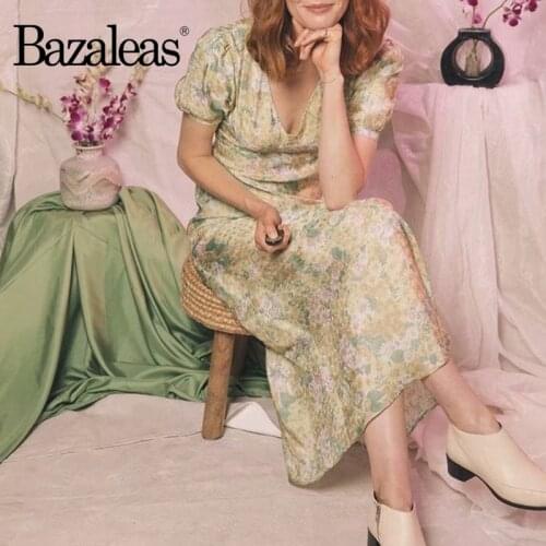Bazaleas Vintage V Neck women dress Fashion short sleeve vestido France Green Floral Print women Long dress