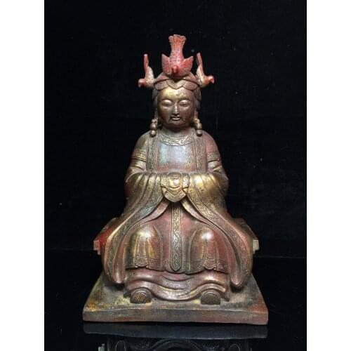 10"Tibet Temple Collection Old Bronze Cinnabar Lacquer Queen Mother Buddha Statue Longevity Goddess Yaochi Golden Mother
