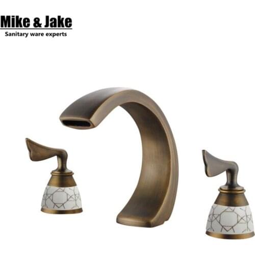 Double handle 3pcs set deck mounted antique brass faucet bathroom sink tap basin mixer vintage bathroom tap Mike&Jake SH9902