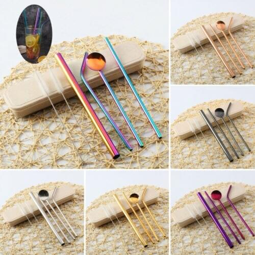 4PCS Solid Stainless Steel Metal Drinking Straw Reusable Straws Washable+ 2 Brush Home Kitchen Suppies