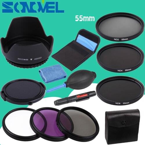 55mm UV CPL FLD ND 2 4 8 Neutral Density Filter Lens Set + lens hood+Cap For Nikon D7500 D5600 D3400 D750 with AF-P 18-55mm Lens