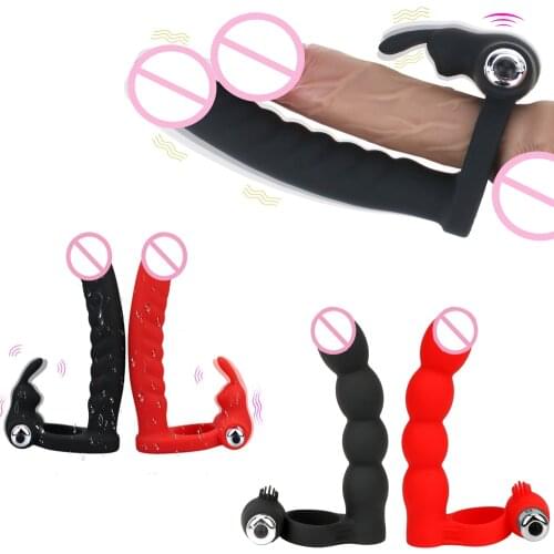 7 Speeds Penis Vibrating Rings Double Penetration Strapon Dildo Vibrator Anal Beads Butt Plug Prostate Massager Sex Toys For Men