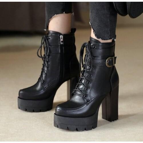 Army Green Black Martin Boots Ladies Fashion Belt Buckle Cross Tied Womens Shoes Ladies Super High Heel Platform Ankle Boots