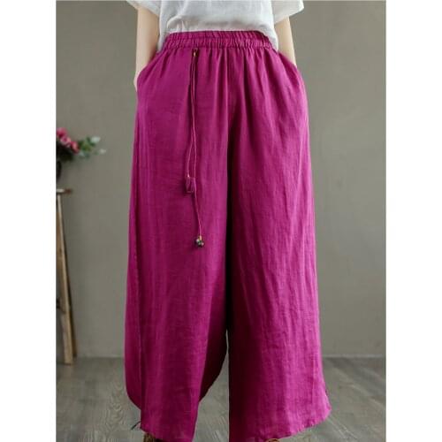 Summer Pants Women Sweet Loose Wild Tassel Elastic Waist Female Fashion Full-Length Wide-Leg Trousers Ramie