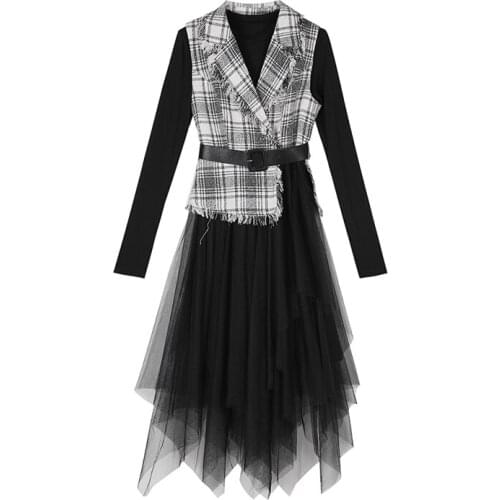 PERHAPS U Black Vintage Tweed Mesh Patchwork Plaid Vest Sash Long Sleeve Asymmetrical Knee Length Dress 2piece D2005