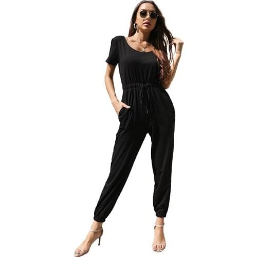 Black Summer Jumpsuits Pants High Waist Lace Up Short Sleeve Casual Rompers Trousers Elegant Overalls for Women T6778
