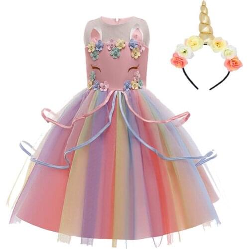 Birthday Girls Unicorn Dress with Long Tail + Wings Wig Hairband Baby Girl Princess Birthday Party Ball Gown Kids Horse Clothes