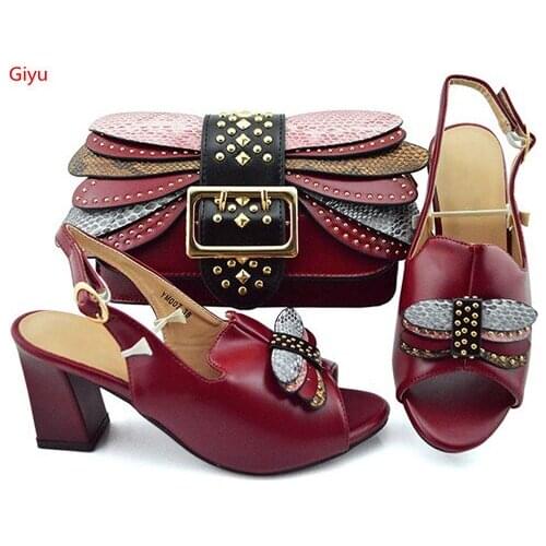 Doershow wine Matching Shoes and Bag Set Decorated with Rhinestone African Women Italian Shoes and Bag Set for Wedding SKP1-44