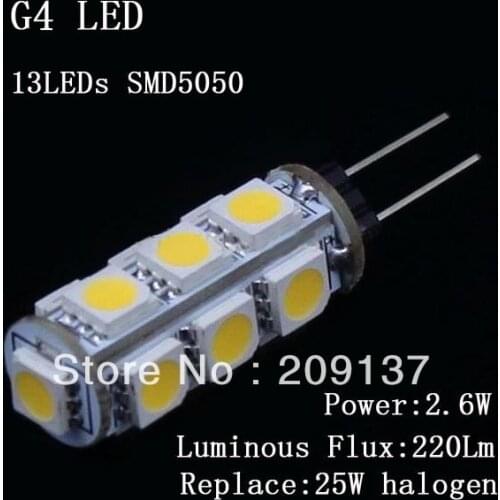 G4 Led 2.6W 5050 13MD 220LM Warm White/Cool White LED G4 Bulb Lamp High Lumen Energy Saving 12V Free Shipping 100pcs/lot