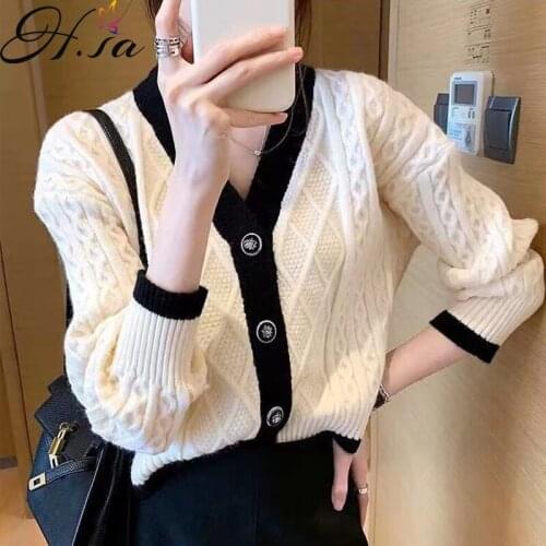 HSA Sweater coat womens 2021 Elegant retro Black Sweater Cardigans womens autumn V-neck cardigan sweater vintage cardigan