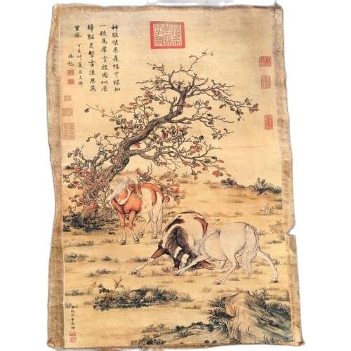 China Old Scroll Lang Shinings Steeds Horse Painting Slice