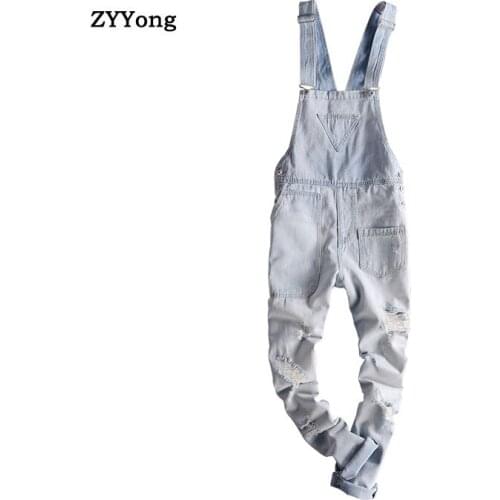 New Light Blue Hole Overalls Men Denim Jumpsuit Ripped Tattered Jeans Bib Cotton Slim Hip Hop Big Pocket Cargo Pants Trousers