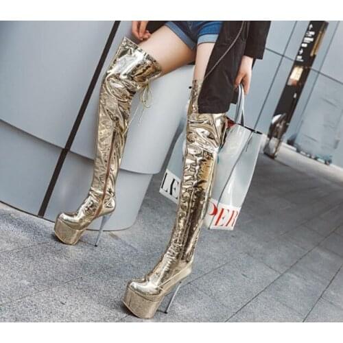 Hot Girls Pink Gold Sliver Patent Leather 55 mm Platform Over The Knee Boots Woman 14 cm Stiletto Heels Thigh Lace Up Boots