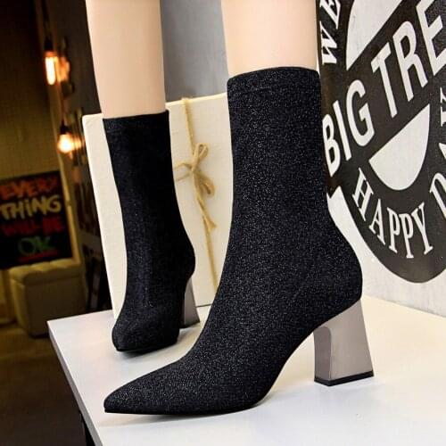 Socks Shoes Women Bigtree Shoes High Heels Boots Women Ankle Boots Glitter Boots Woman Shoes Luxury Chaussures Femme Ayakkabi
