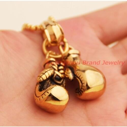New Arrival 2pcs/set Gold color Biker 316L Stainless Steel Cool Boxing Glove Pendant Free Rope Chain Mens Boys Necklace