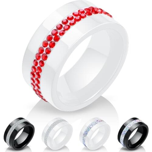 New 10MM Black and White 2 Row Crystal Ceramic Ring Women Engagement Promise Wedding Band Gifts For Women