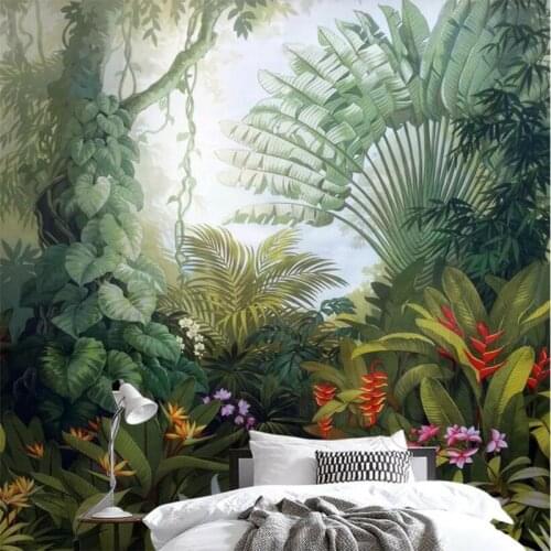 Beibehang wallpaper medieval hand drawn tropical rainforest plant landscape tv background wall living room bedroom 3d wallpaper