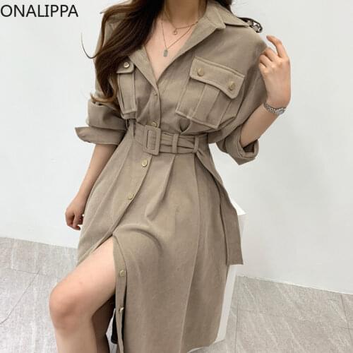 ONALIPPA 2021 Autumn Dress Korean Retro Temperament Lapel Single-Breasted Lace-Up Waist Slimming Long-Sleeved Tooling Vestidos