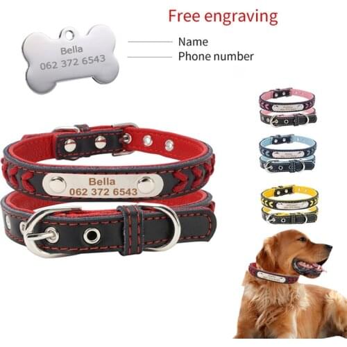 Personalized Dog Collars adjustable Soft Leather Custom Dog Collar Name ID Tags For Cat puppy Large Dogs collar Pet Accessories